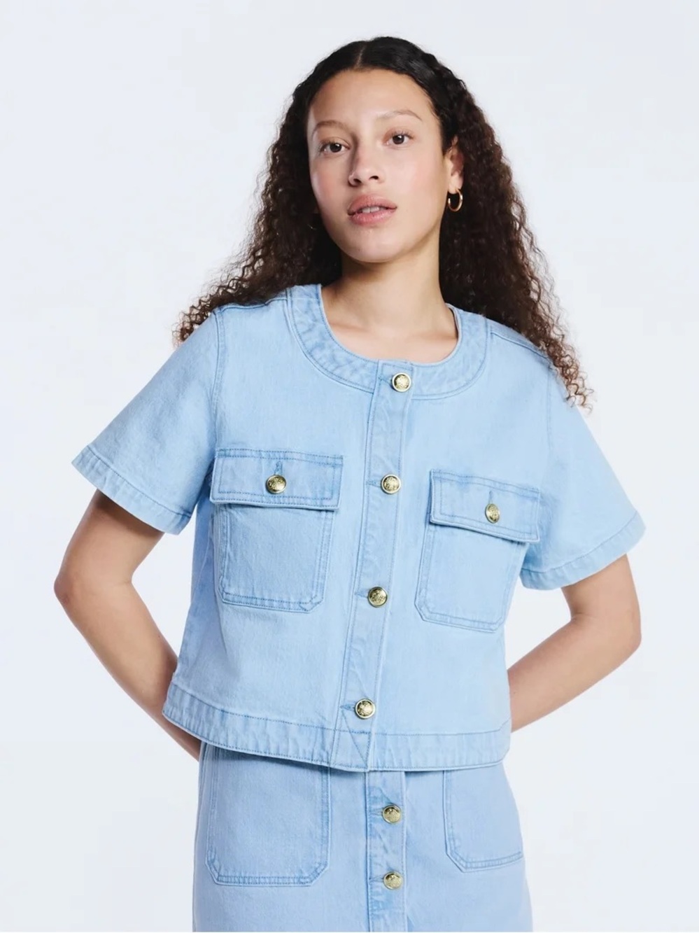 Free Assembly Women’s Light Blue Cropped Denim Short-Sleeve Button Jacket